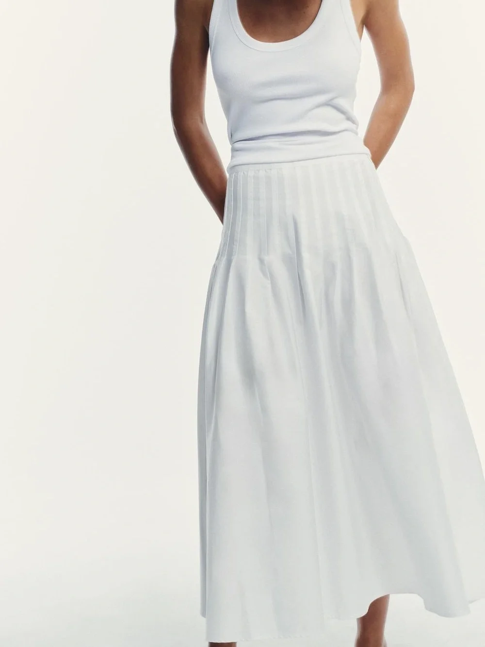 NWT Zara 100% Cotton White Pleated Flowy Midi Skirt Sz M Minimalist Clean July 4